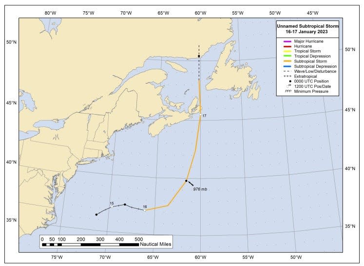 An unnamed subtropical storm was the first storm of the 2023 Atlantic hurricane season.