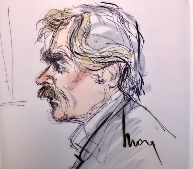 The subject in this drawing, William H. Macy, is closer than he appears. Edwards sketched this in court on Tuesday as he sat next to her with only 3 inches between them. (Image: Mona Shafer Edwards/Reuters)