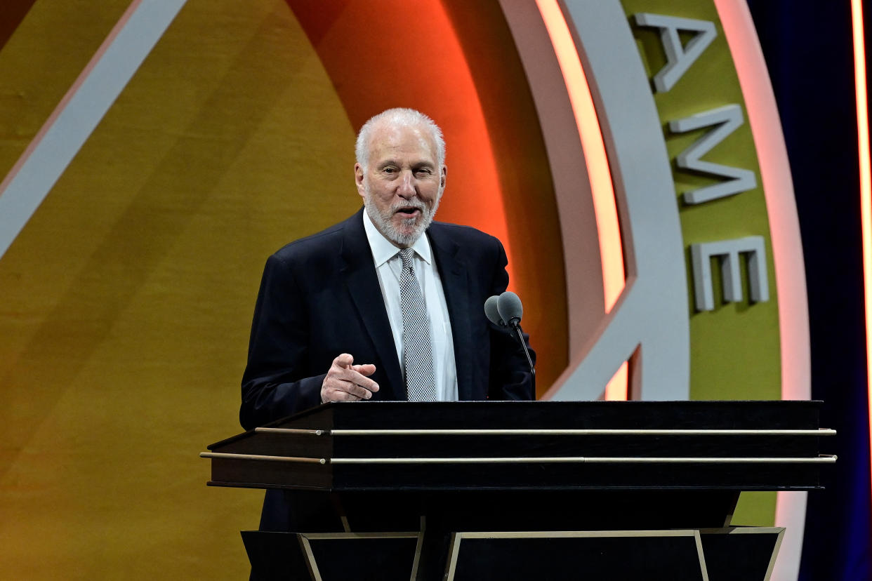 San Antonio Spurs head coach Gregg Popovich gives his speech as he is inducted into the 2023 Naismith Memorial Basketball Hall of Fame at Symphony Hall in Springfield, Massachusetts, on Aug. 12, 2023. (Eric Canha/USA TODAY Sports)