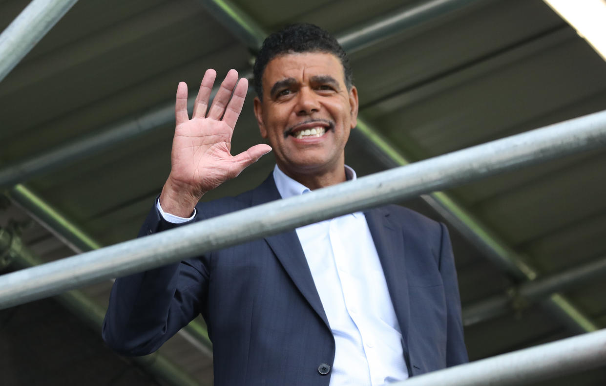 LONDON, ENGLAND - AUGUST 10: Chris Kamara waves during the Sky Bet Championship match between Fulham and Blackburn Rovers at Craven Cottage on August 10, 2019 in London, England. (Photo by Rachel Holborn - BRFC/Getty Images)