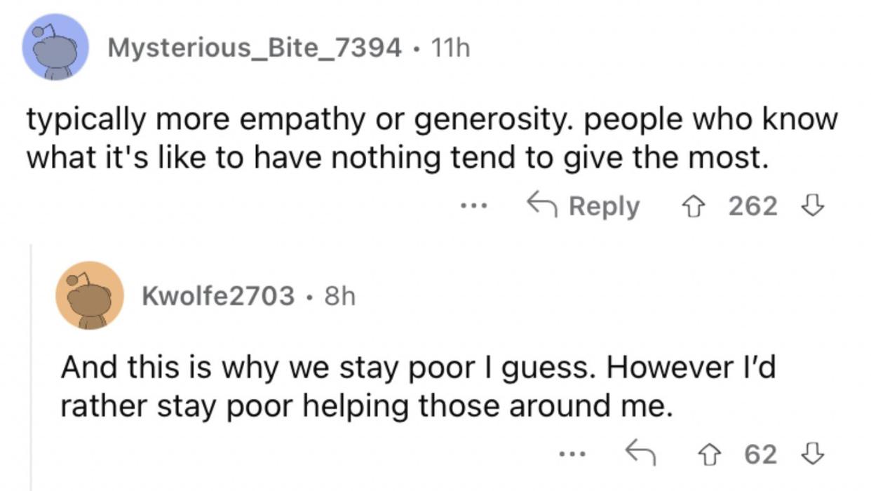 Reddit screenshot about broke people having more empathy and compassion.