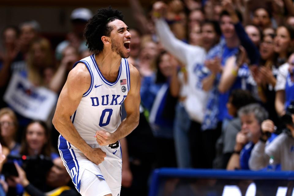 Duke guard Jared McCain celebrates during Saturday's narrow win over Clemson. (Lance King/Getty Images)