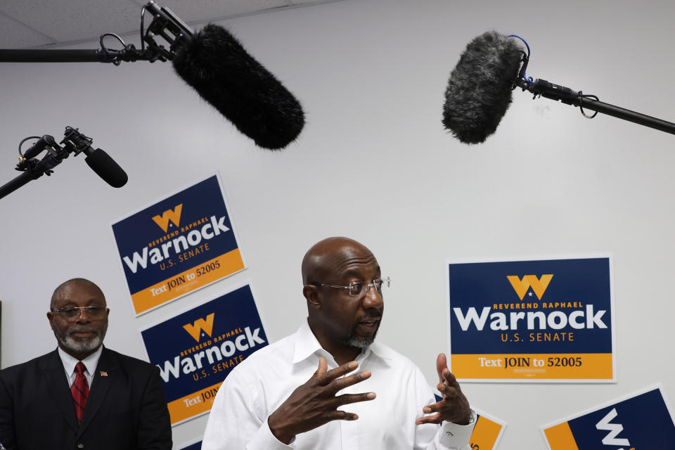 Sen. Raphael Warnock speaks to members of the press during a canvass launch on Nov. 6, 2022 in Savannah, Ga.<span class="copyright">Alex Wong—Getty Images</span>