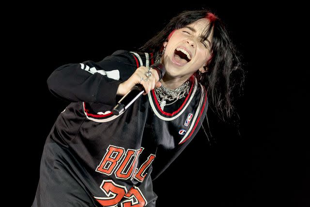 <p>Michael Hickey/Getty</p> Billie Eilish performs onstage during Lollapalooza at Grant Park on August 03, 2023.