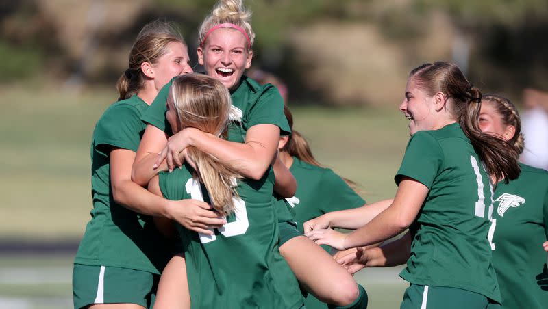 Clearfield celebrates a goal made by Tatum Thomas, center, during a girls varsity soccer game against Box Elder at Clearfield High School in Clearfield on Thursday, Sept. 14, 2023. Clearfield won 2-1.