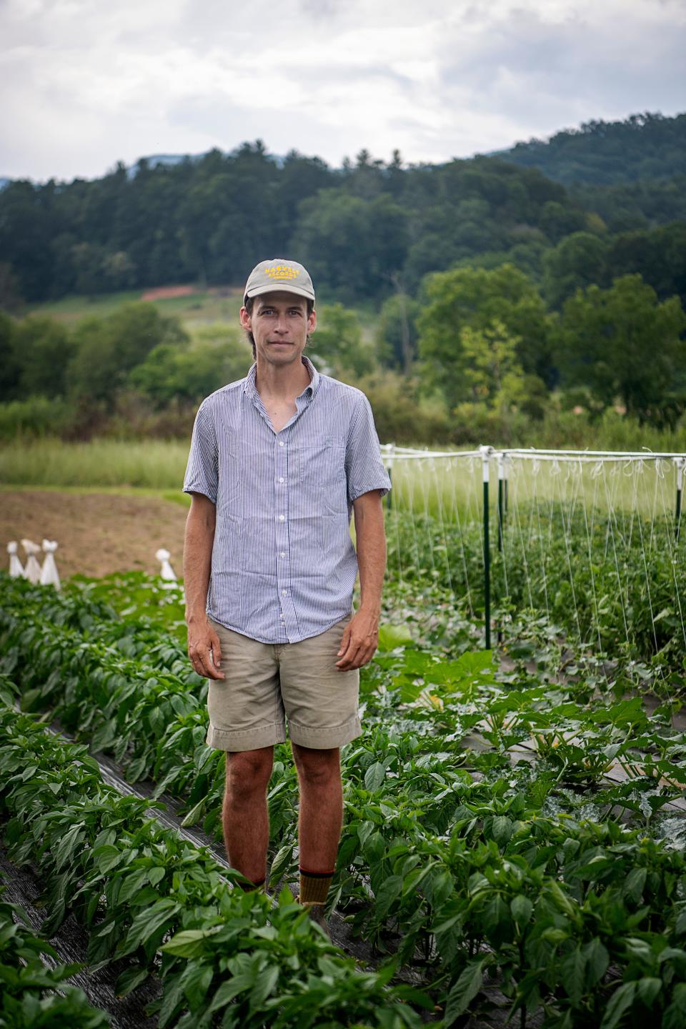 Justin Jones stands among his crops at Mark Diaz’s farm in Sandy Mush July 13, 2023.