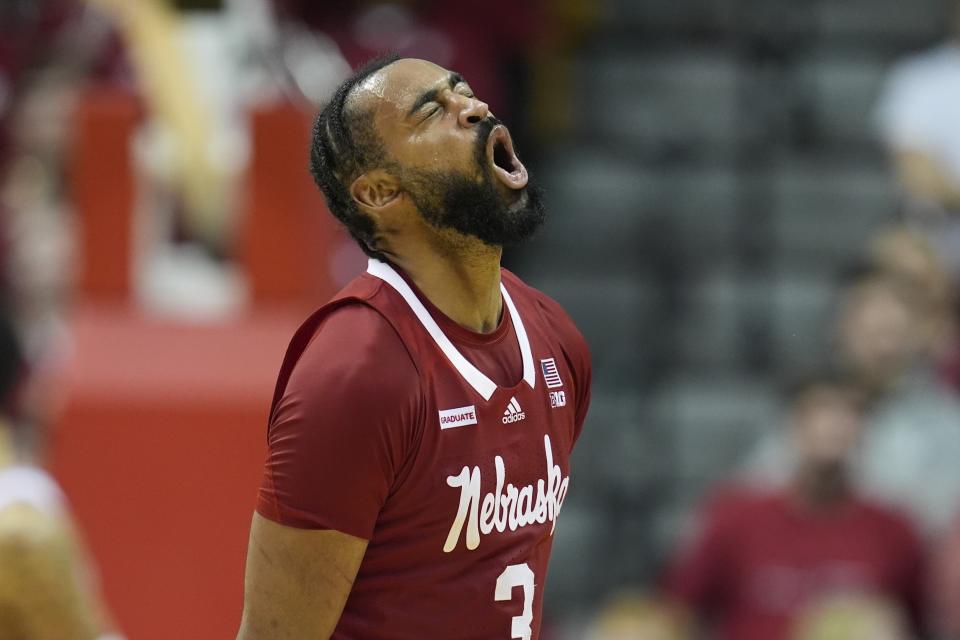 Nebraska guard Brice Williams (3) reacts after hitting a shot during the second half of an NCAA college basketball game against Indiana, Wednesday, Feb. 21, 2024, in Bloomington, Ind. (AP Photo/Darron Cummings)