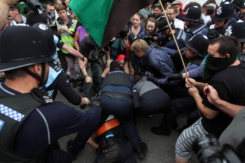 Protesters clash with police at the Balcombe fracking site in West Sussex as energy company Cuadrilla has started testing equipment ahead of exploratory oil drilling in the English countryside as anti-fracking protests at the site entered a ninth day.