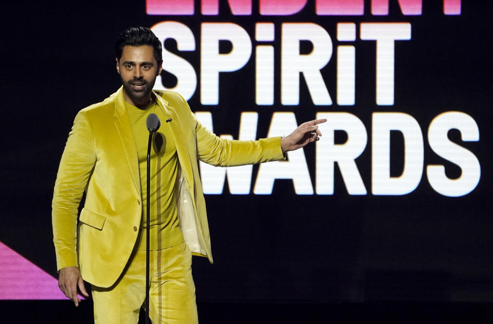 Host Hasan Minhaj speaks at the Film Independent Spirit Awards on Saturday, March 4, 2023, in Santa Monica, Calif. (AP Photo/Chris Pizzello)