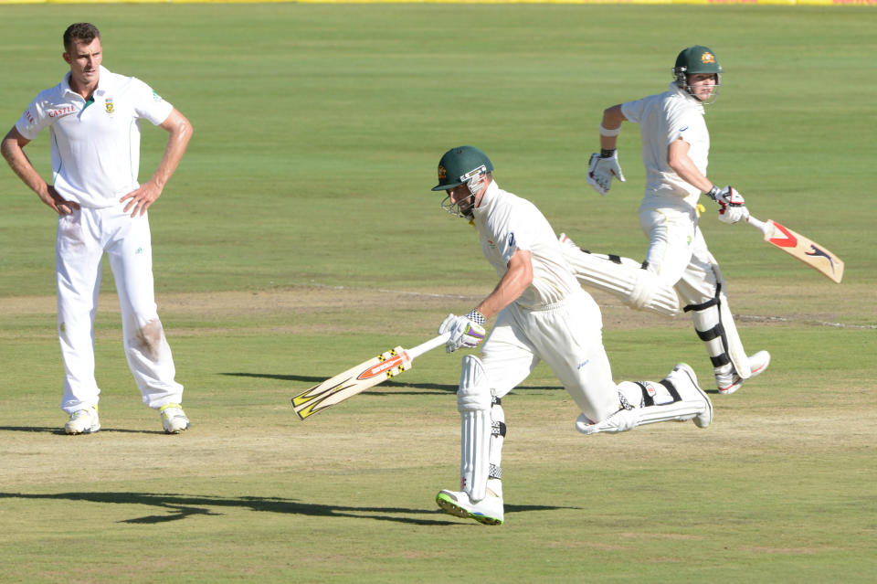 Shaun Marsh and Steven Smith of Australia run between the wickets during day 1 of the 1st Test match between South Africa and Australia at SuperSport Park on February 12, 2014 in Pretoria, South Africa. (Photo by Lee Warren/Gallo Images)