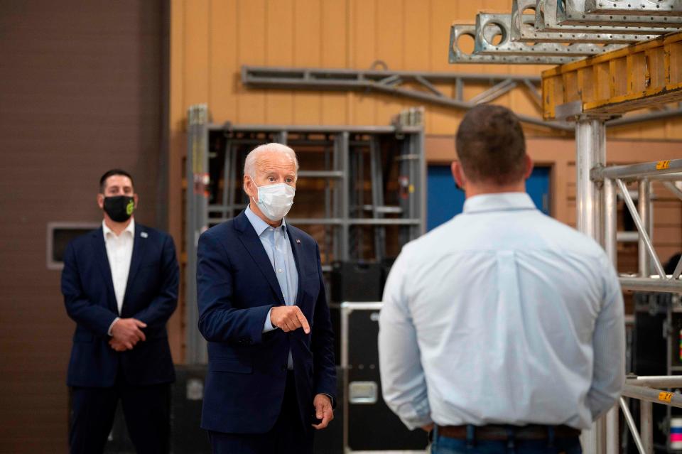 Democratic presidential nominee Joe Biden visits the Jerry Alander Carpenter Training Center in Hermantown, Minnesota, on Sept. 18, 2020.