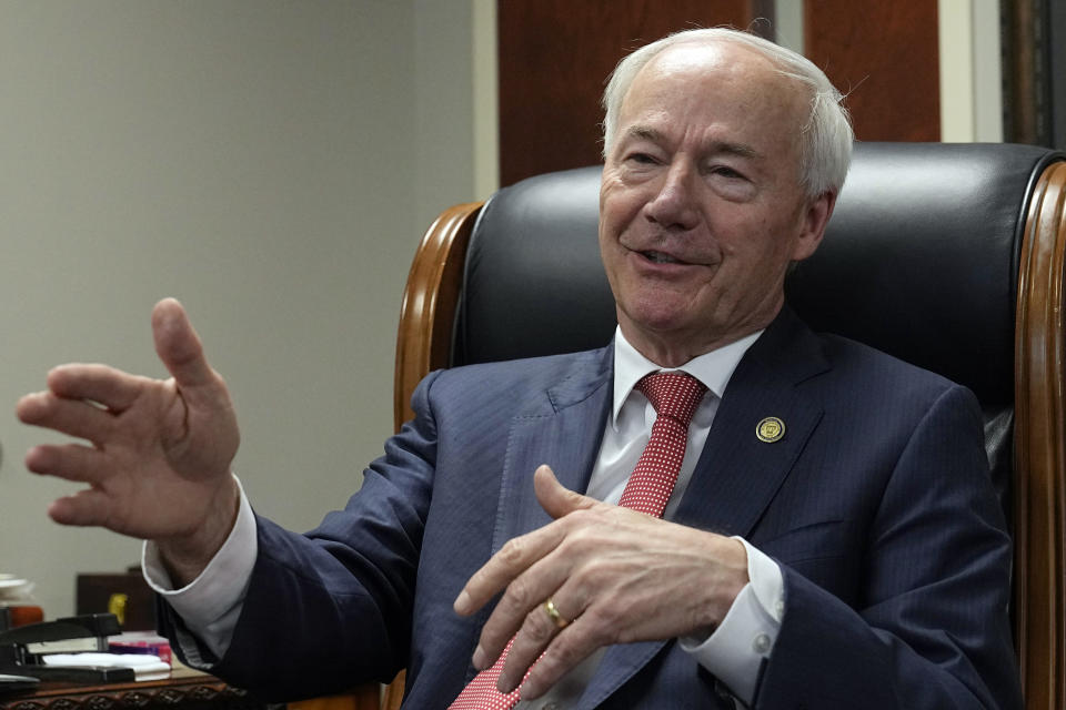 Former Arkansas Gov. Asa Hutchinson speaks during an interview in his office Wednesday, April 19, 2023, in Rogers, Ark.. (AP Photo/Sue Ogrocki)