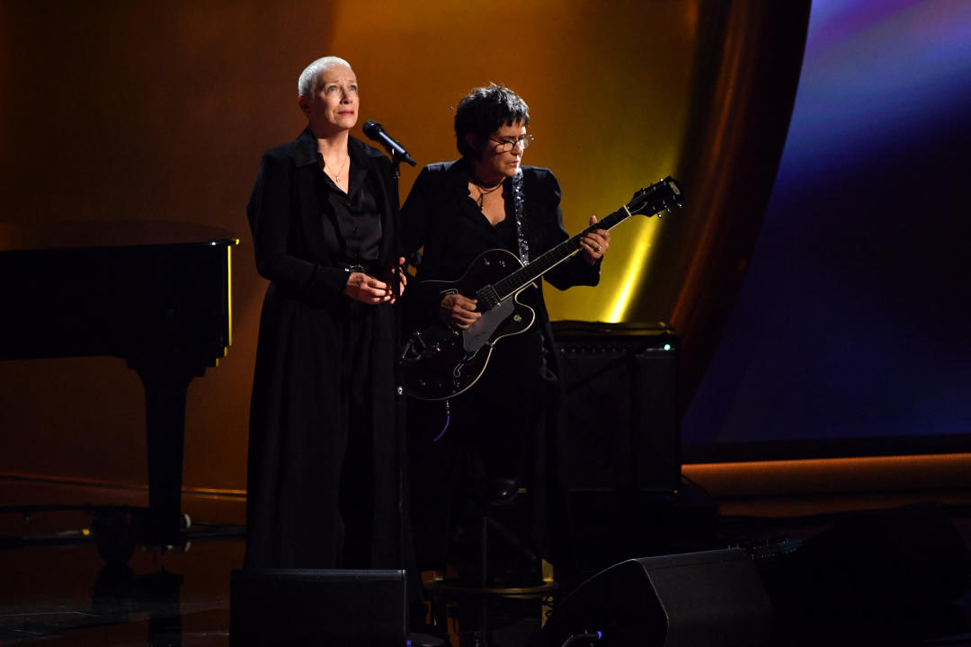 Scottish singer-songwriter Annie Lennox (L) performs on stage during the 66th Annual Grammy Awards at the Crypto.com Arena in Los Angeles on February 4, 2024. (Photo by Valerie Macon / AFP) (Photo by VALERIE MACON/AFP via Getty Images)