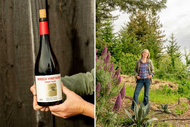 <p>Cayce Clifford</p> From left: A bottle of Pinot Noir by Hirsch Vineyards; Jasmine Hirsch on the grounds of her family’s Sonoma Coast estate.