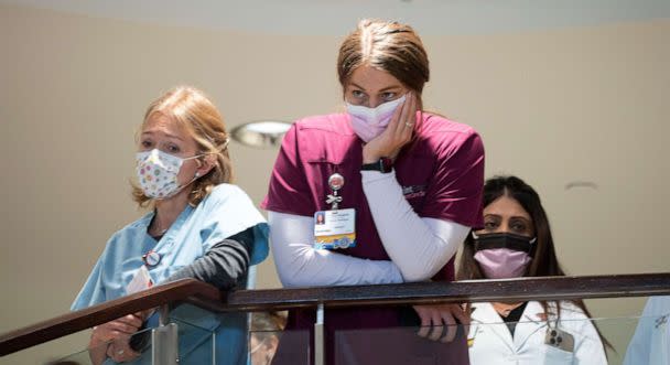 PHOTO: Saint Francis Hospital employees listen to a press conference at Saint Francis Hospital on June 2, 2022 in Tulsa. (J Pat Carter/Getty Images)