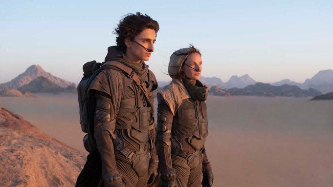 A picture of Timothée Chalamet and Rebecca Ferguson in "Dune."