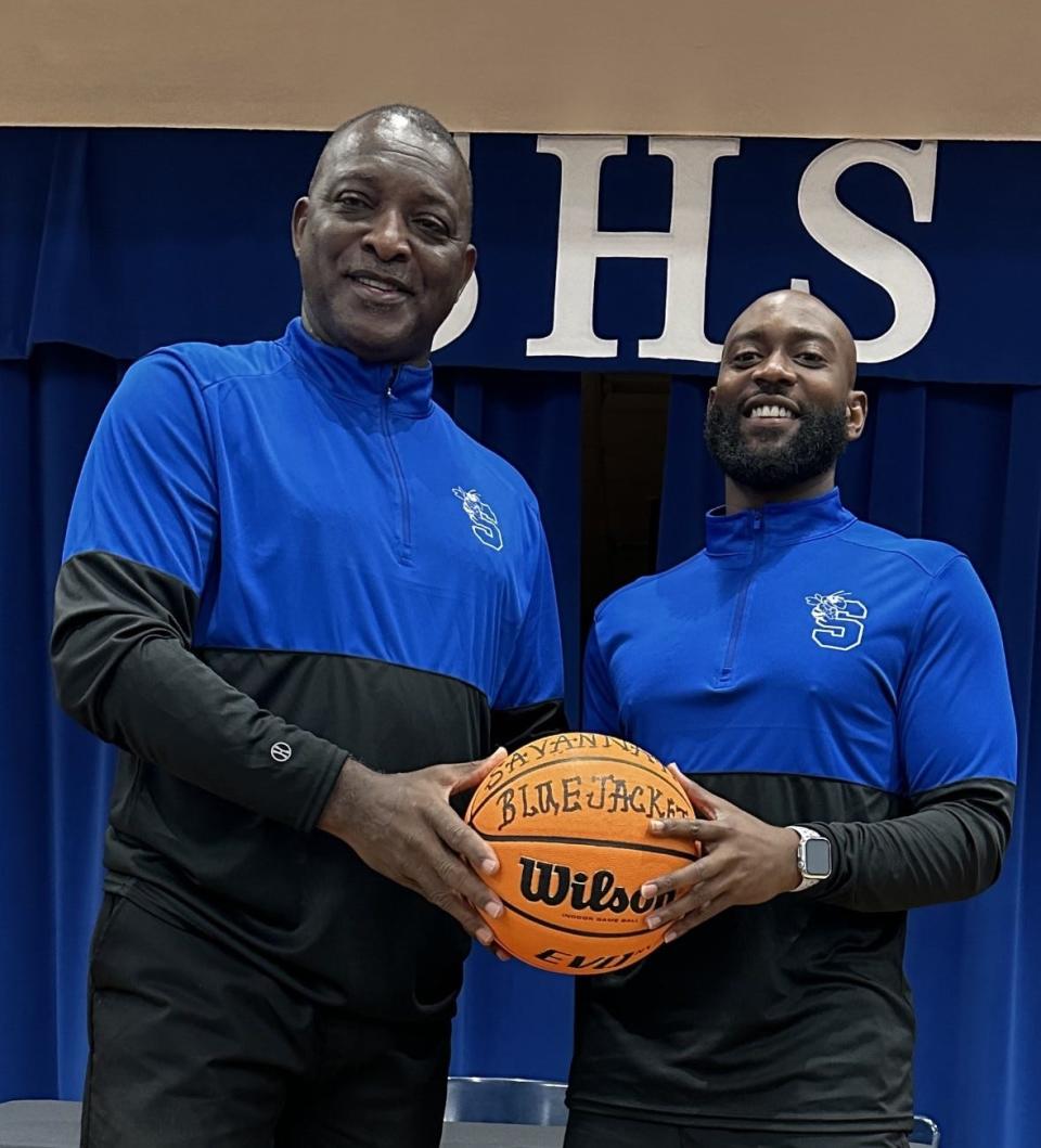 Tim Jordan with new Savannah High basketball coach George Brown (right).