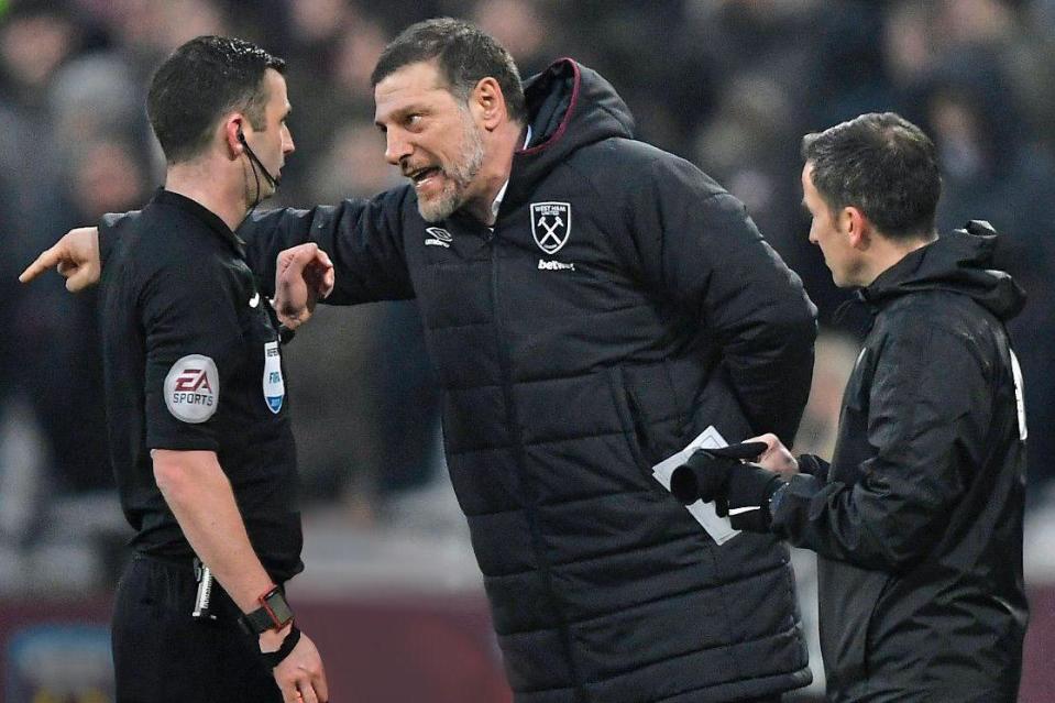 Taking the mic: Slaven Bilic vents his frustrations at referee Michael Oliver: REUTERS