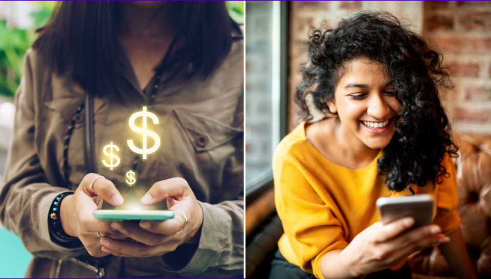 Split image of two girls looking at their mobile phones.