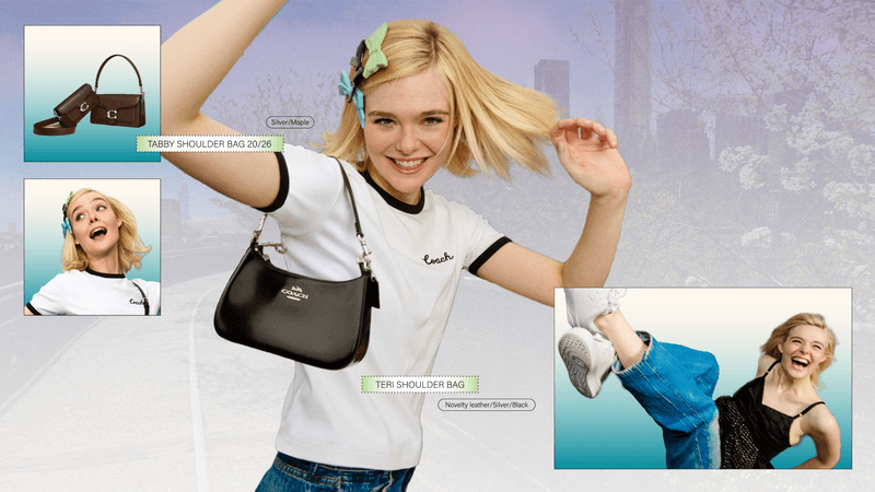 coach fall 2024 collection fashion wardrobe season unlock your courage campaign Charles melton Elle fanning storm Reid tabby bag knitwear denim trousers eyewear tops