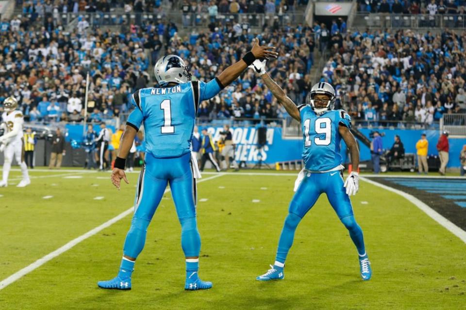 Nov 17, 2016; Charlotte, NC, USA; Carolina Panthers quarterback Cam Newton (1) celebrates with wide receiver Ted Ginn (19) after a touchdown in the game against the New Orleans Saints at Bank of America Stadium. The Panthers defeated the Saints 23-20. Mandatory Credit: Jeremy Brevard-USA TODAY Sports
