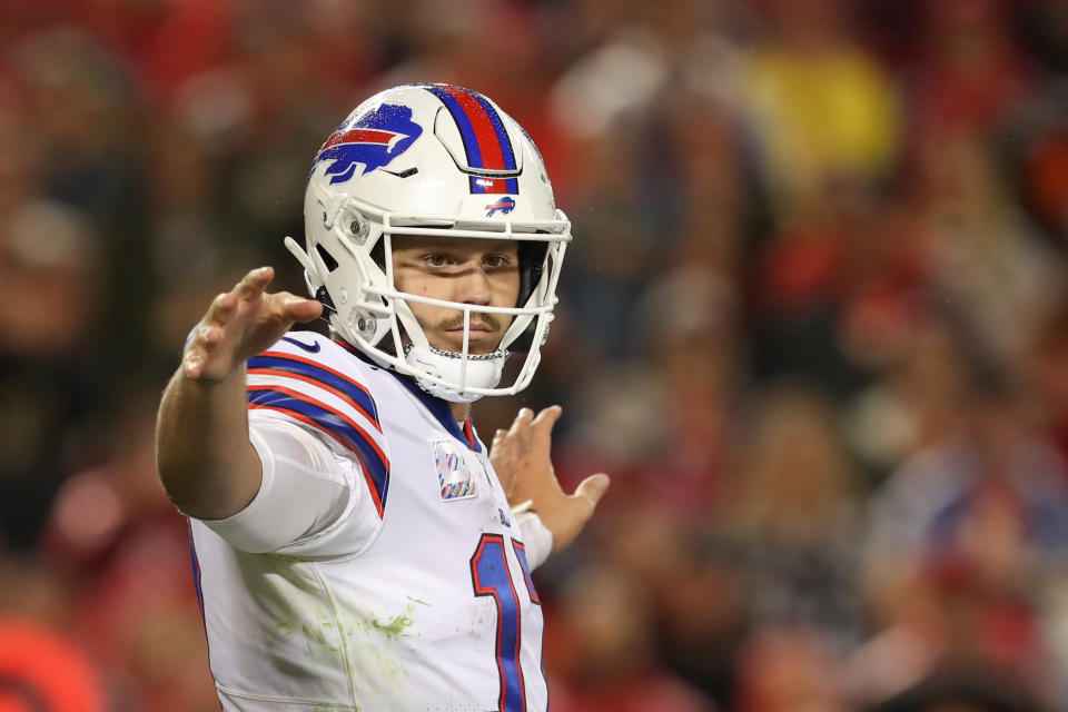 KANSAS CITY, MO - OCTOBER 10: Buffalo Bills quarterback Josh Allen (17) at the line of scrimmage in the fourth quarter of an NFL football game between the Buffalo Bills and Kansas City Chiefs on Oct 10, 2021 at GEHA Filed at Arrowhead Stadium in Kansas City, MO. (Photo by Scott Winters/Icon Sportswire via Getty Images)