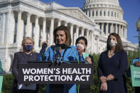 House Speaker Nancy Pelosi, D-Calif., joined from left by Rep. Sylvia Garcia, D-Texas, Rep. Judy Chu, D-Calif., and Rep. Diana DeGette, D-Colo., holds a news conference just before a House vote on legislation aimed at guaranteeing a woman’s right to an abortion, an effort by House Democrats to circumvent a new Texas law that has placed that access under threat, at the Capitol in Washington, Friday, Sept. 24, 2021. (AP Photo/J. Scott Applewhite)