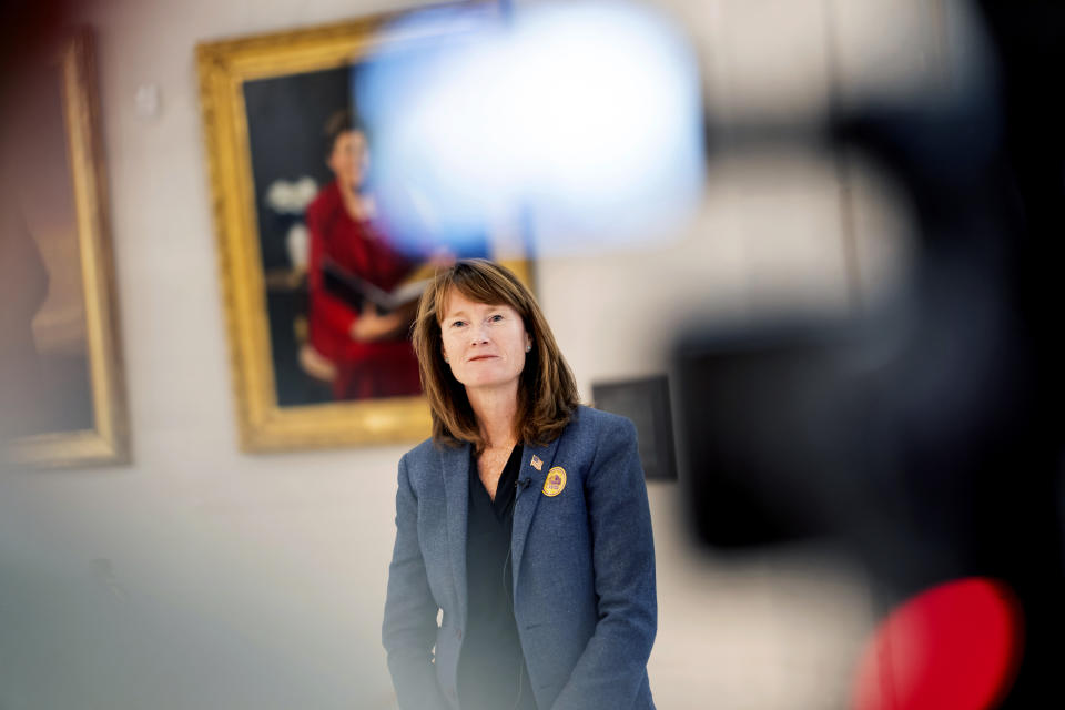 State Sen. Kathleen Riebe, D-Cottonwood Heights, gives an interview on election night at the Capitol in Salt Lake City on Tuesday, Nov. 21, 2023. Riebe is running against Republican Celeste Maloy in the special election to fill Rep. Chris Stewart's seat in the 2nd congressional district. (Spenser Heaps/The Deseret News via AP)