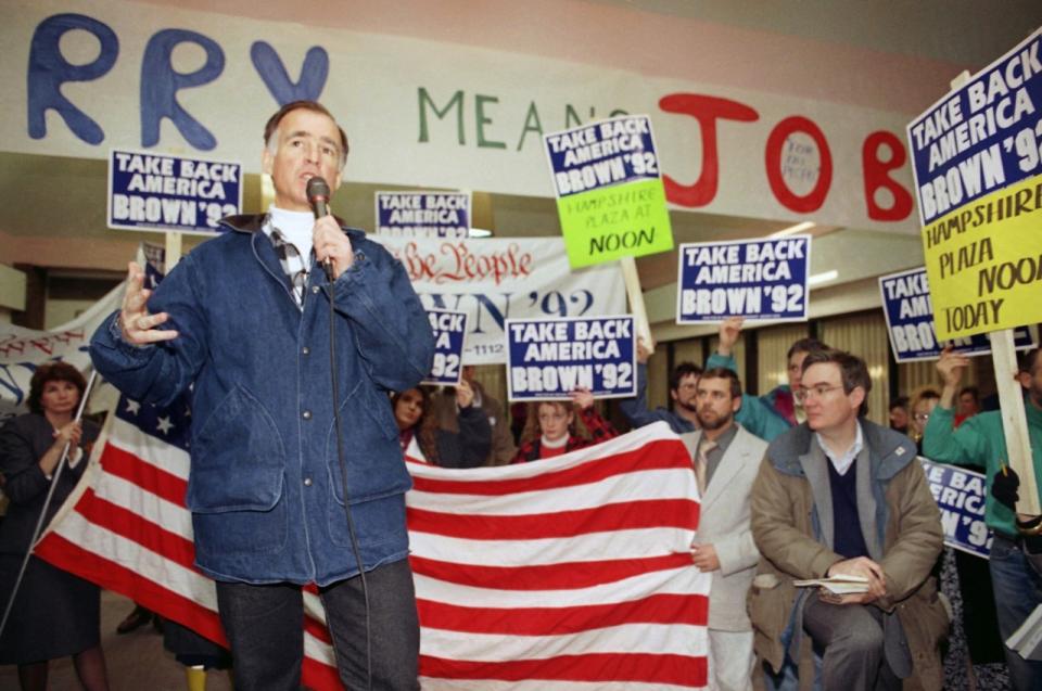 Jerry Brown of California speaking at a rally in downtown Manchester, N.H., during his 1992 campaign for president. (Photo: Toby Talbot/AP)