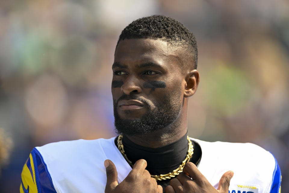 SEATTLE, WASHINGTON - SEPTEMBER 10: Van Jefferson #12 of the Los Angeles Rams looks on before the game against the Seattle Seahawks at Lumen Field on September 10, 2023 in Seattle, Washington. The Los Angeles Rams won 30-13. (Photo by Alika Jenner/Getty Images)