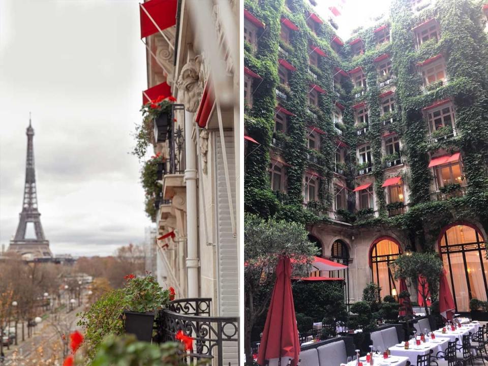 Side by side images of the exterior of Hotel Plaza Athenee witha view of the Eiffel Tower and the ivy-lined courtyard of the hotel.