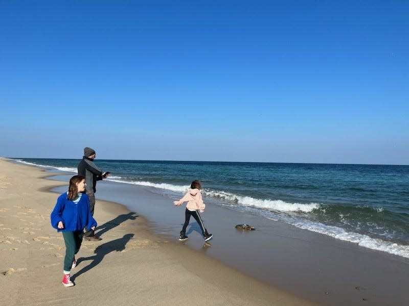 Eric Butterbaugh and his daughters, Elena, 10, and Alice, 8, along with his wife, Jess, encountered a massive blue lobster on an ocean-facing beach in Truro over the Thanksgiving holiday. The Pennsylvania family ended up helping the lobster return to the ocean.