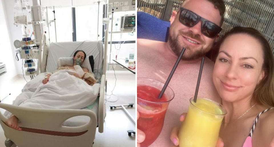 Left, Kristy can be seen in a Bali ICU lying in bed with an oxygen mask on. Right, Kristy and Steven can be seen on holiday holding a frozen cocktail each. 
