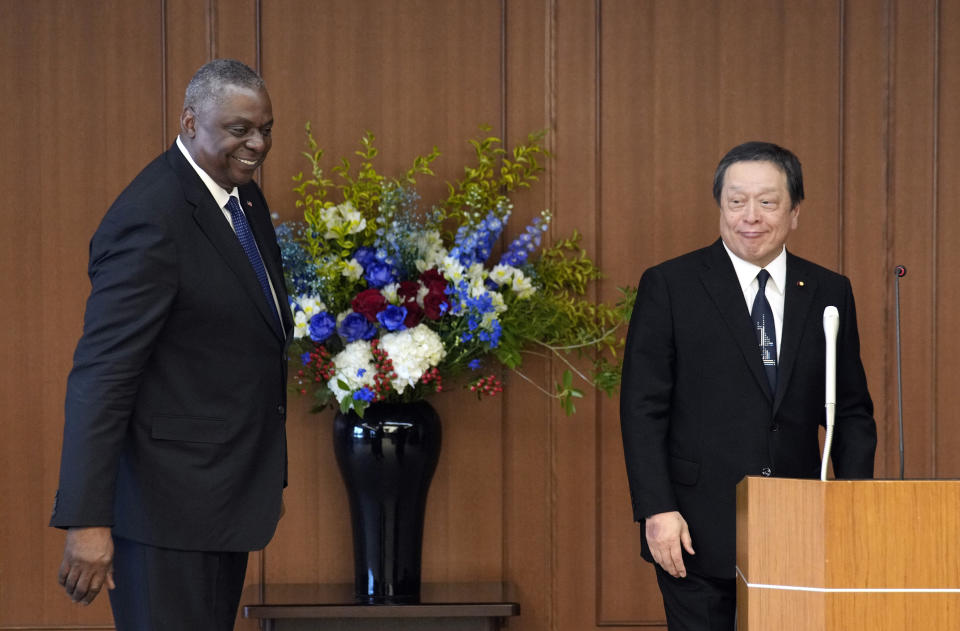 U.S. Defense Secretary Lloyd Austin, left, and Japanese Defense Minister Yasukazu Hamada leave after their joint press conference at the Defense Ministry in Tokyo Thursday, June 1, 2023. (Franck Robichon/Pool Photo via AP)