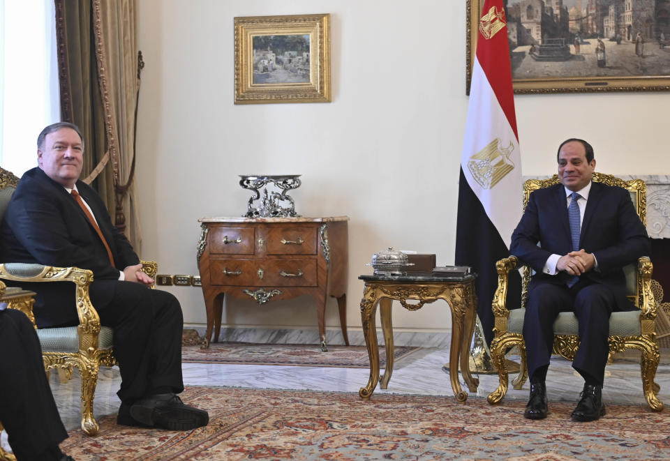 U.S. Secretary of State Mike Pompeo, left, meets with Egyptian President Abdel-Fattah el-Sissi in Cairo, Thursday, Jan. 10, 2019. Pompeo is in Cairo for talks with Egyptian leaders as he continues a nine-nation Middle East tour aimed at reassuring America's Arab partners that the Trump administration is not walking away from the region. (Andrew Caballero-Reynolds/Pool Photo via AP)