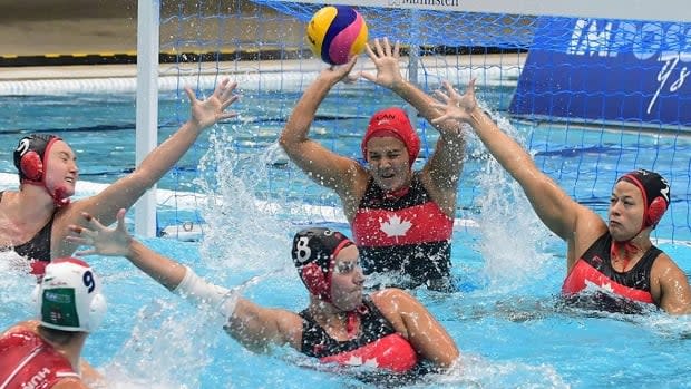 Russia broke open a tightly contested bronze-medal game Saturday, taking a 9-5 lead n the third quarter over Canada, pictured, on the way to a 14-10 victory at the World League Super Final in Athens. (Twitter/@fina1908 - image credit)