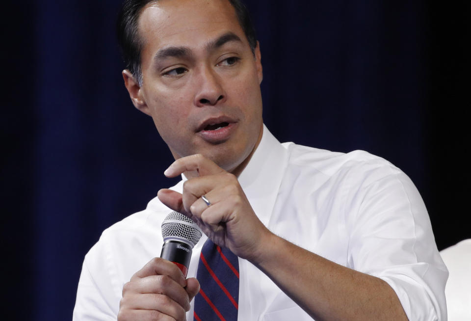 Former Housing and Urban Development Secretary and Democratic presidential candidate Julian Castro speaks during a gun safety forum Wednesday, Oct. 2, 2019, in Las Vegas. (AP Photo/John Locher)