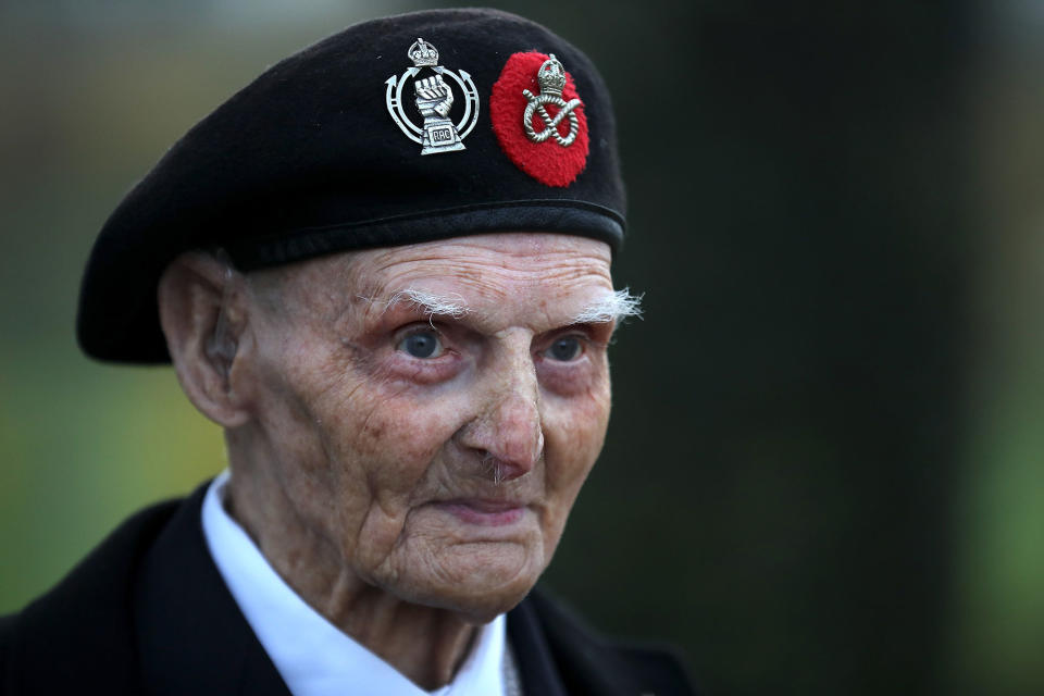 <p>99-year-old World War II veteran Les Cherrington attends the annual Armistice Day Service at The National Memorial Arboretum on Nov. 11, 2017 in Alrewas, England. (Photo: Christopher Furlong/Getty Images) </p>