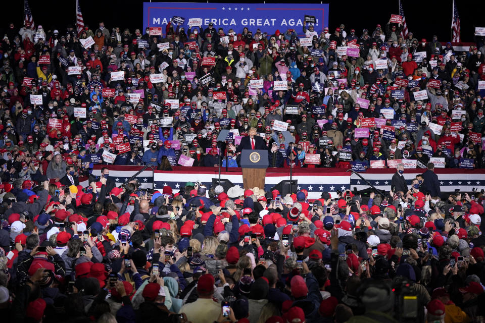 President Donald Trump speaks during a campaign rally at Erie International Airport tom Ridge Field in Erie, Pa, Tuesday, Oct. 20, 2020. (AP Photo/Gene J. Puskar)