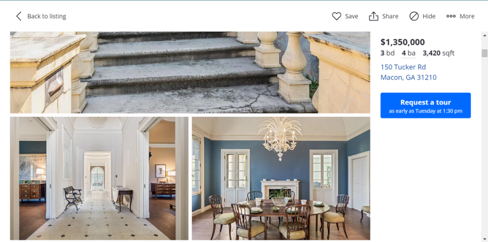 The living room sits to the right of the marble floor entrance hall and the dining room to the left in the historic home known as “Villa Albicini”. The house, at 150 Tucker Road in Macon, is up for sale for more than $1 million.