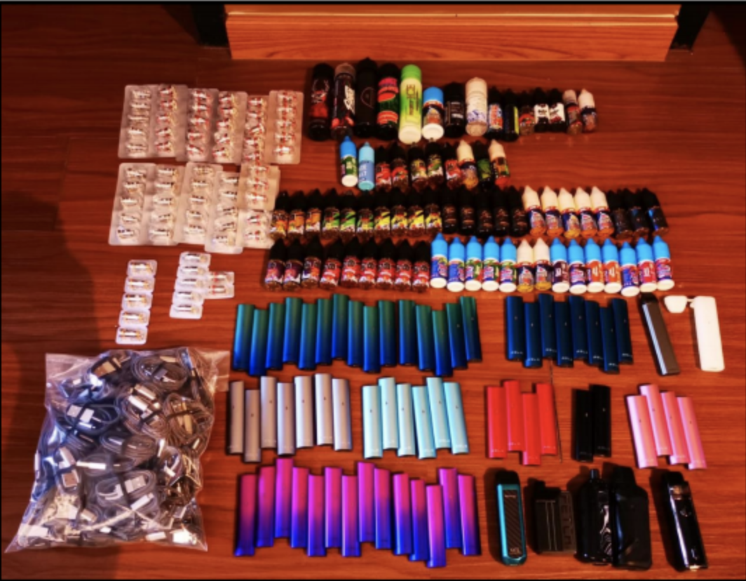 E-vaporisers and e-liquid cartridges seized from a suspected peddler’s residence. (Source: Health Sciences Authority)