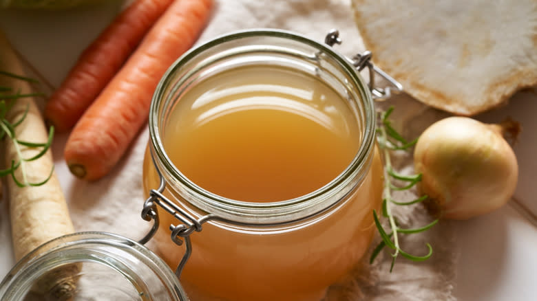 Homemade bone broth in jar