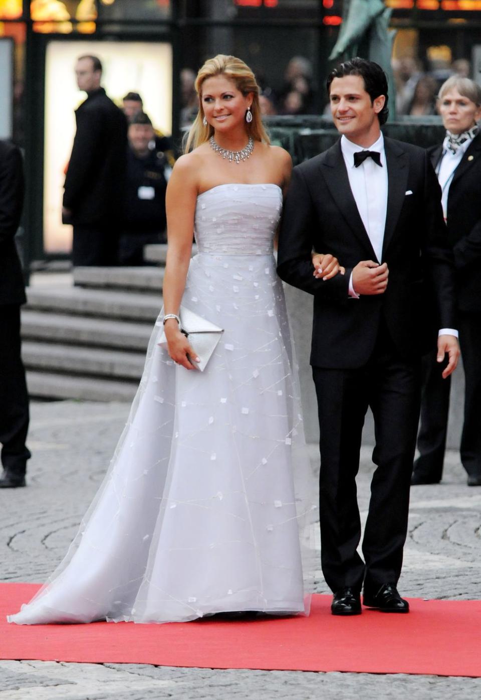 <p>The Swedish royals marked Crown Princess Victoria's royal wedding in June 2010 with a number of events and celebrations. Here, a very glamorous Madeleine and Prince Carl Philip attended a formal dinner and performance at Stockholm Concert Hall.</p>