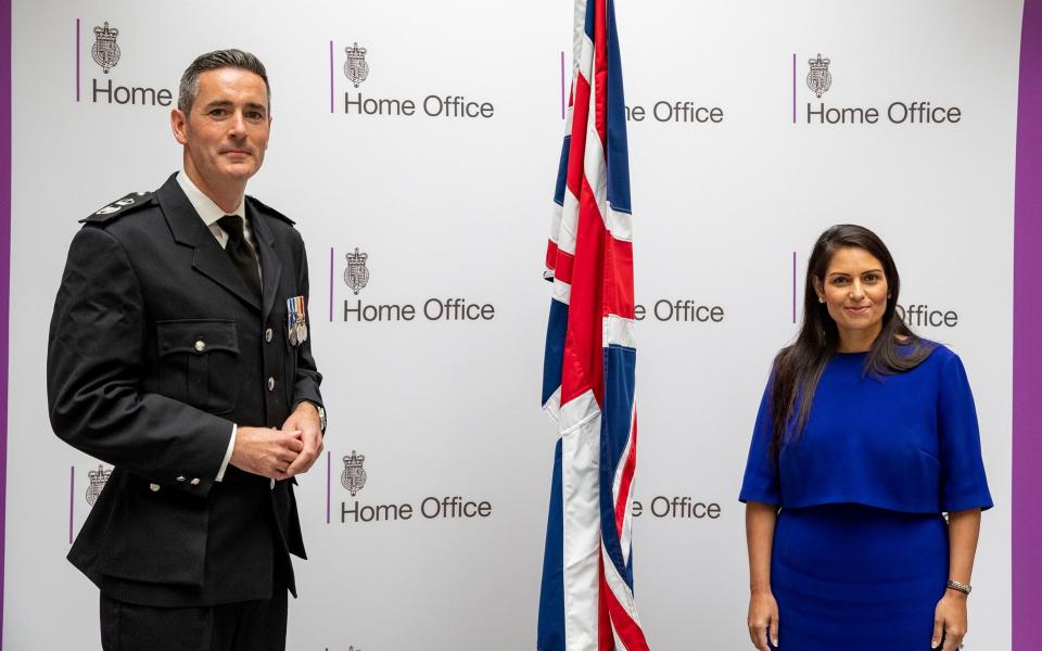 Priti Patel introducing the first Clandestine Channel Threat Commander, Dan O'Mahoney