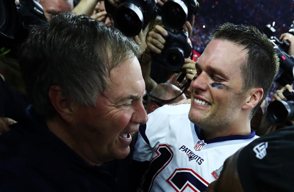 HOUSTON, TX - FEBRUARY 05:  Tom Brady #12 and head coach Bill Belichick of the New England Patriots celebrate a 34-28 overtime win against the Atlanta Falcons during Super Bowl 51 at NRG Stadium on February 5, 2017 in Houston, Texas.  (Photo by Al Bello/Getty Images)