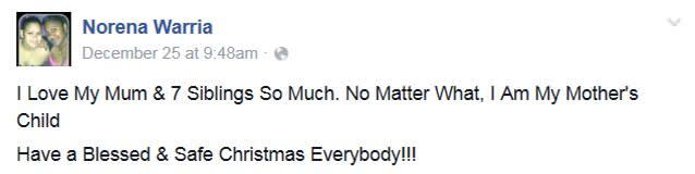 Norena Warria's Facebook post from Christmas Day. Photo: Facebook.