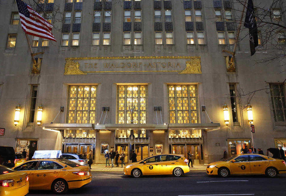 <p>Taxis pull up in front of the renowned Waldorf Astoria hotel in New York on Tuesday, Feb. 28, 2017. The hotel, purchased by the Anbang Insurance Group, a Chinese company, is closing Wednesday for two to three years for renovation. Exact details of the renovation haven’t been released, but its conversion into a hybrid of private residences and a smaller hotel follows a model set by another landmark New York City hotel, The Plaza. (Photo: Kathy Willens/AP) </p>