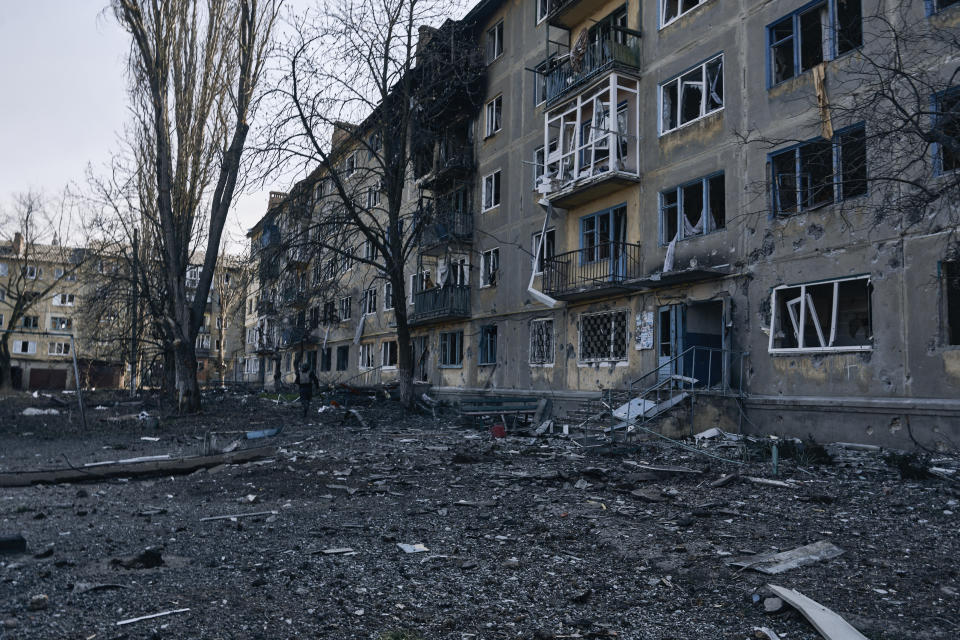A general view of Bakhmut, the site of heavy battles with Russian troops in the Donetsk region, Ukraine, Sunday, April 9, 2023. (AP Photo/Libkos)