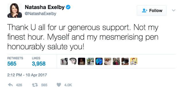 Exelby tweeted her thanks for everyone's support. Source: Twitter