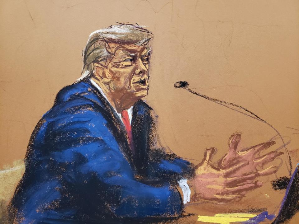 An artist's sketch of former President Donald Trump speaking in court during closing arguments in his New York fraud trial on Thursday, Jan. 11, 2024. / Credit: Jane Rosenberg